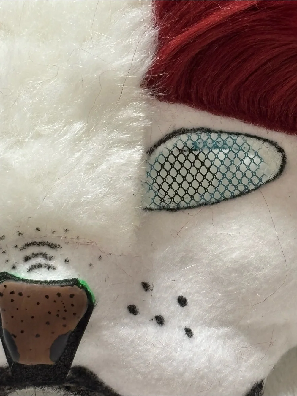 White Faux Fur Therian Animal Costume Mask with Red and Brown Accents